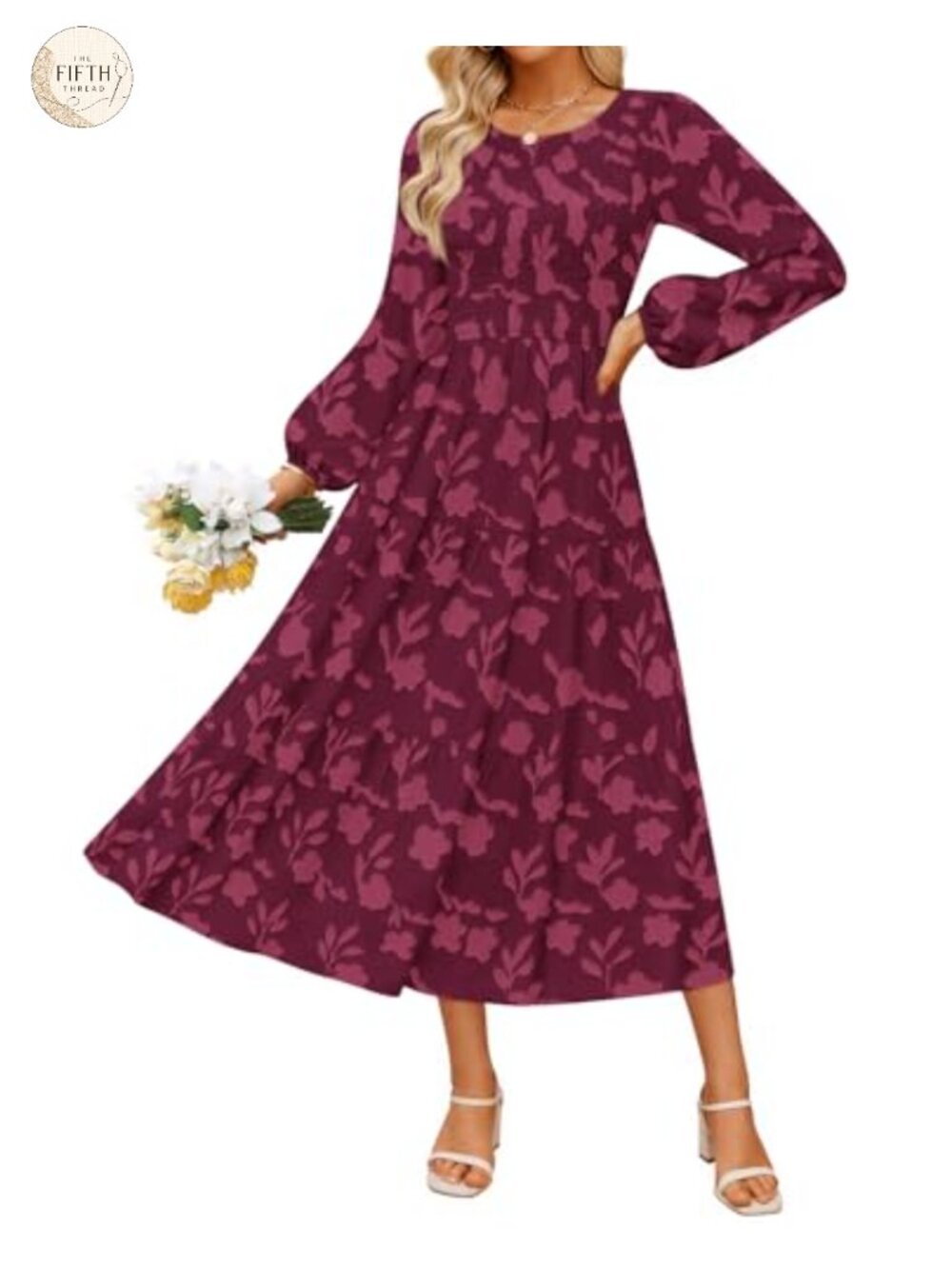 Boho Floral Midi Dress Long Sleeve Wedding Guest A-Line